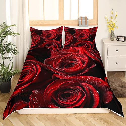 Miniatura 2 de Erosebridal Juego de ropa de cama de rosa roja, tamaño individual, funda de edredón romántica de 2 piezas, funda de edredón con flores y rosas