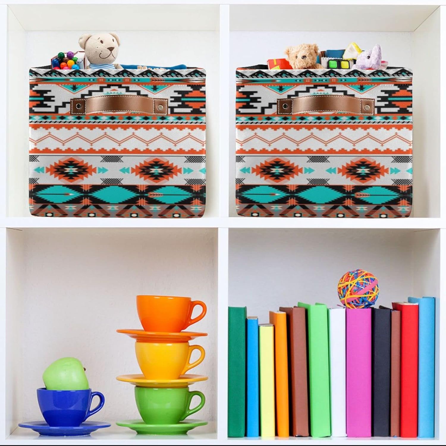 Ethnic Aztec Print Storage Basket With Leather Handles - Native American Collapsible Bin, Retro Tribal Navajo Large Cube Box Organizer for Closet, Toys, Clothes - 2PCS