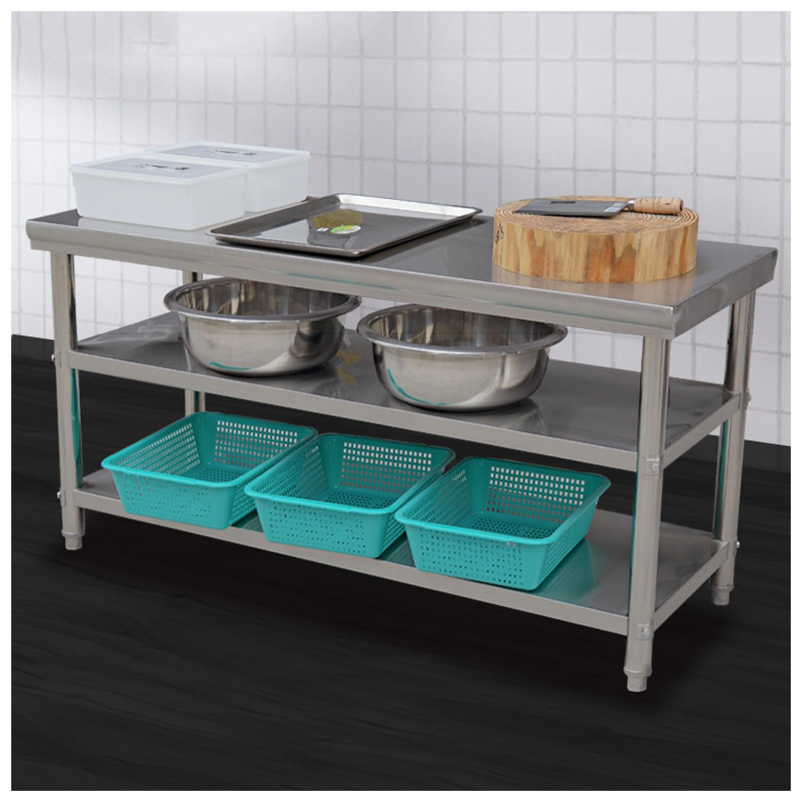 Table de découpe épaissie îlot de cuisine acier inoxydable avec rangement ouvert triple