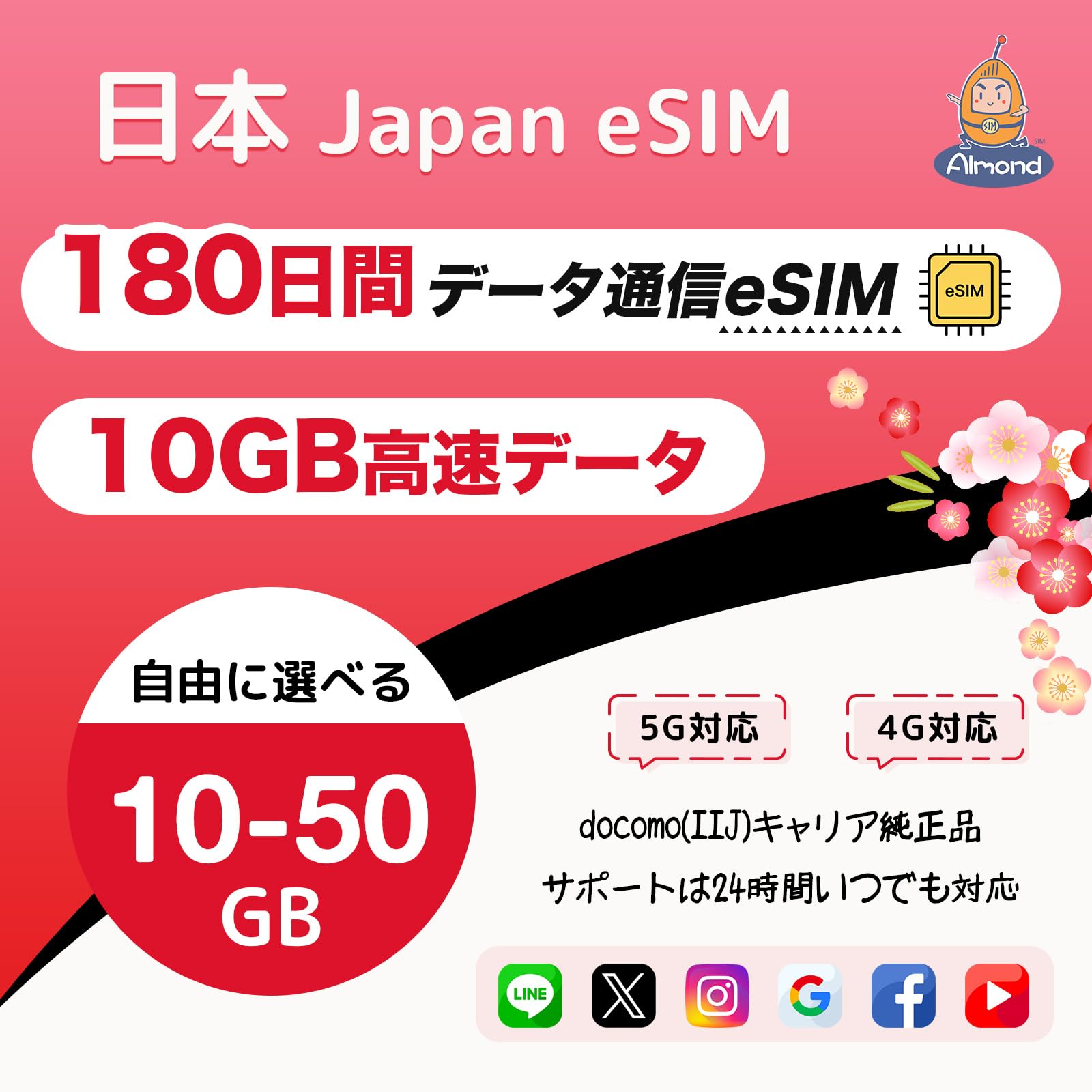 [Almond eSIM] Japan eSIM 10 GB/180 Days | High Speed Data Transmission, Prepaid Sim, Sim Card, Japan | No Physical SIM Required, No Need to Wait for Delivery, 24-Hour Multilingual Support, Japan Prepa