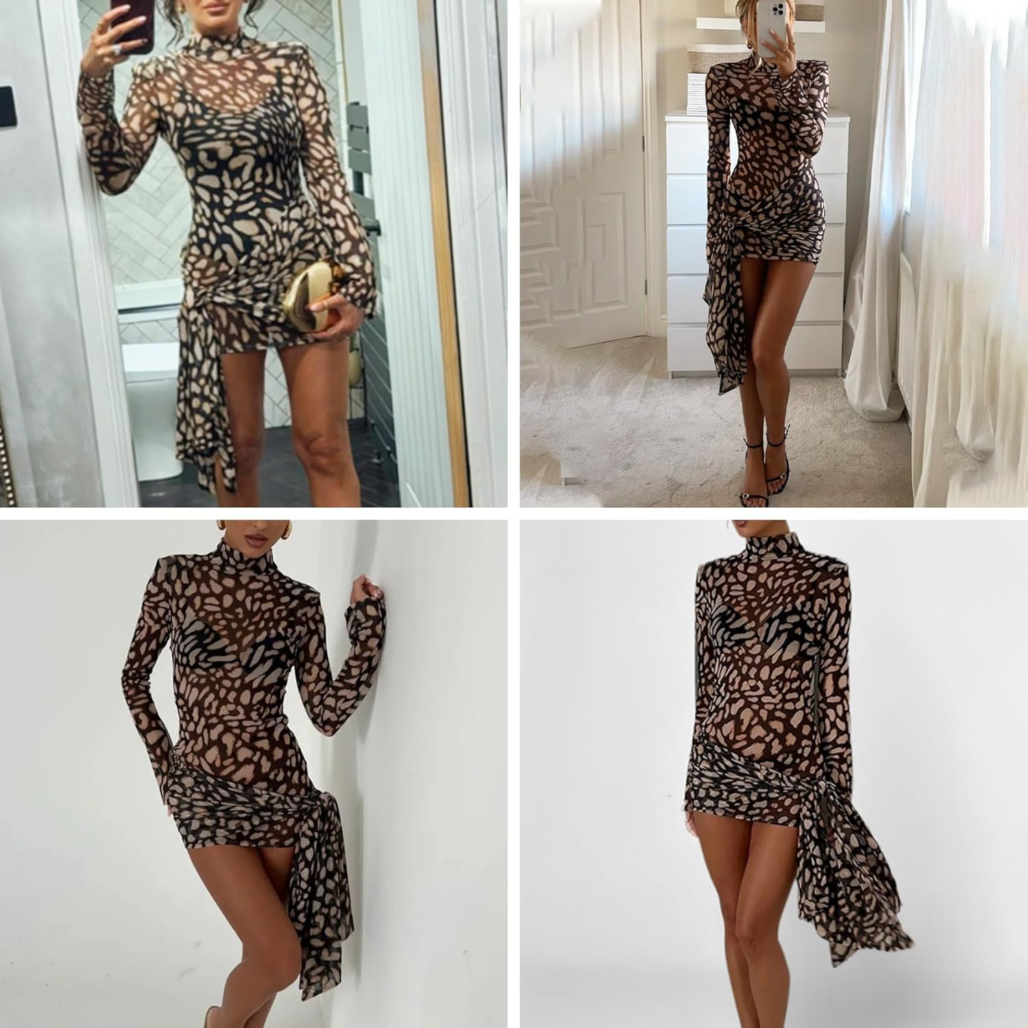 JUMISEE Women's Sheer Mesh Leopard Mini Dress Sexy Turtleneck Long Sleeve Short Dress Tie Waist Beach Cover Up Dresses - Image 6