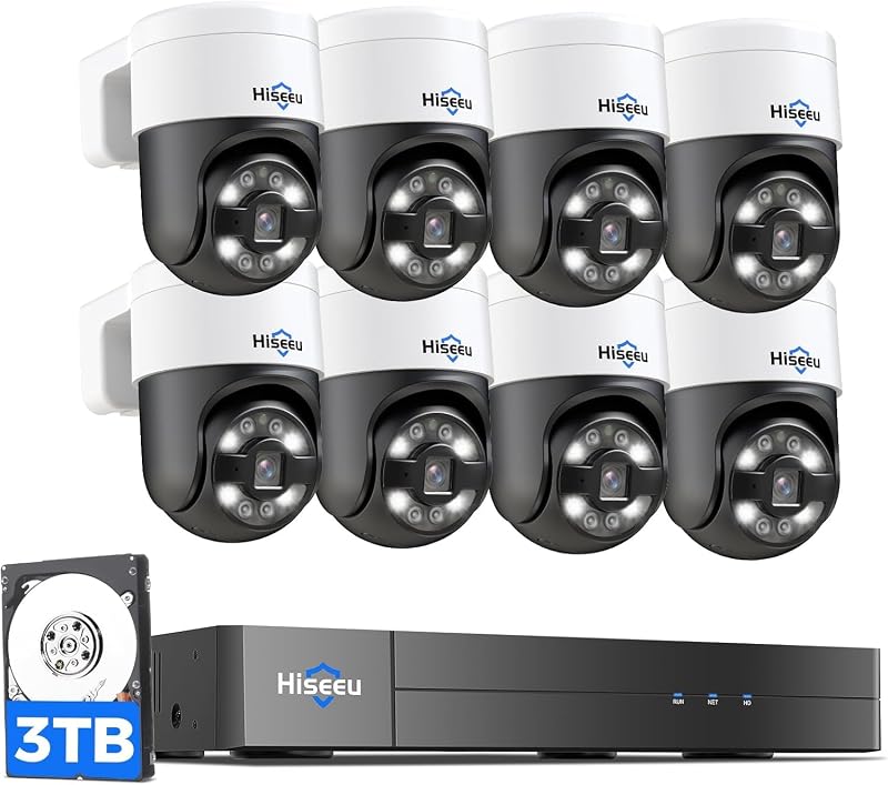Sistema de cámaras de seguridad Hiseeu 4K PoE con 8 cámaras PoE PTZ de 5MP | Visión nocturna en color, giro de 300°, inclinación de 90°, audio bidireccional de seguimiento humano, grabación 24 horas al día, 7 días a la semana para interiores y exteriores