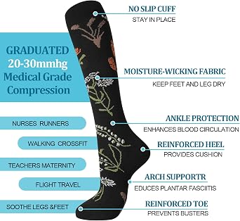 4 Pairs Compression Socks for Women 20-30 mmHg Knee High Flight Sock