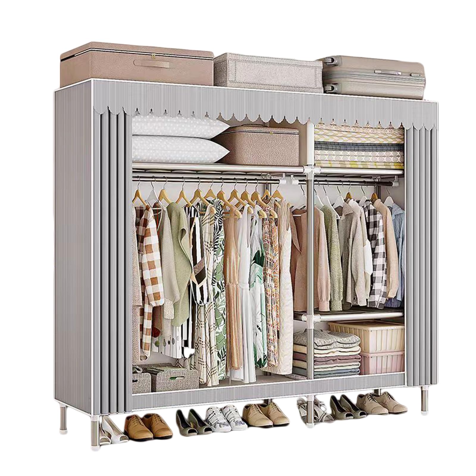 Armadio In Tessuto, Guardaroba Pieghevole Con Barra Di Sospensione, Appendiabiti, Scaffale Per Borse, Scarpe, Soggiorno, Camera Da Letto, 146x46x173cm, Grigio Tutta L'interfaccia In Lega