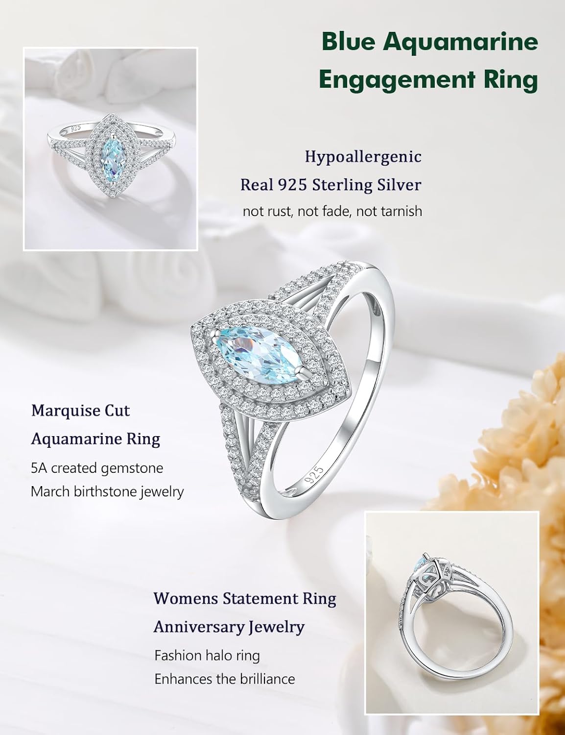 Marquise Engagement Ring 925 Sterling Silver Created Sapphire/Emerald/Ruby/Aquamarine Gemstone Double Halo Wedding Promies Rings Anniversary Jewelry Size 6-10 - Image 5