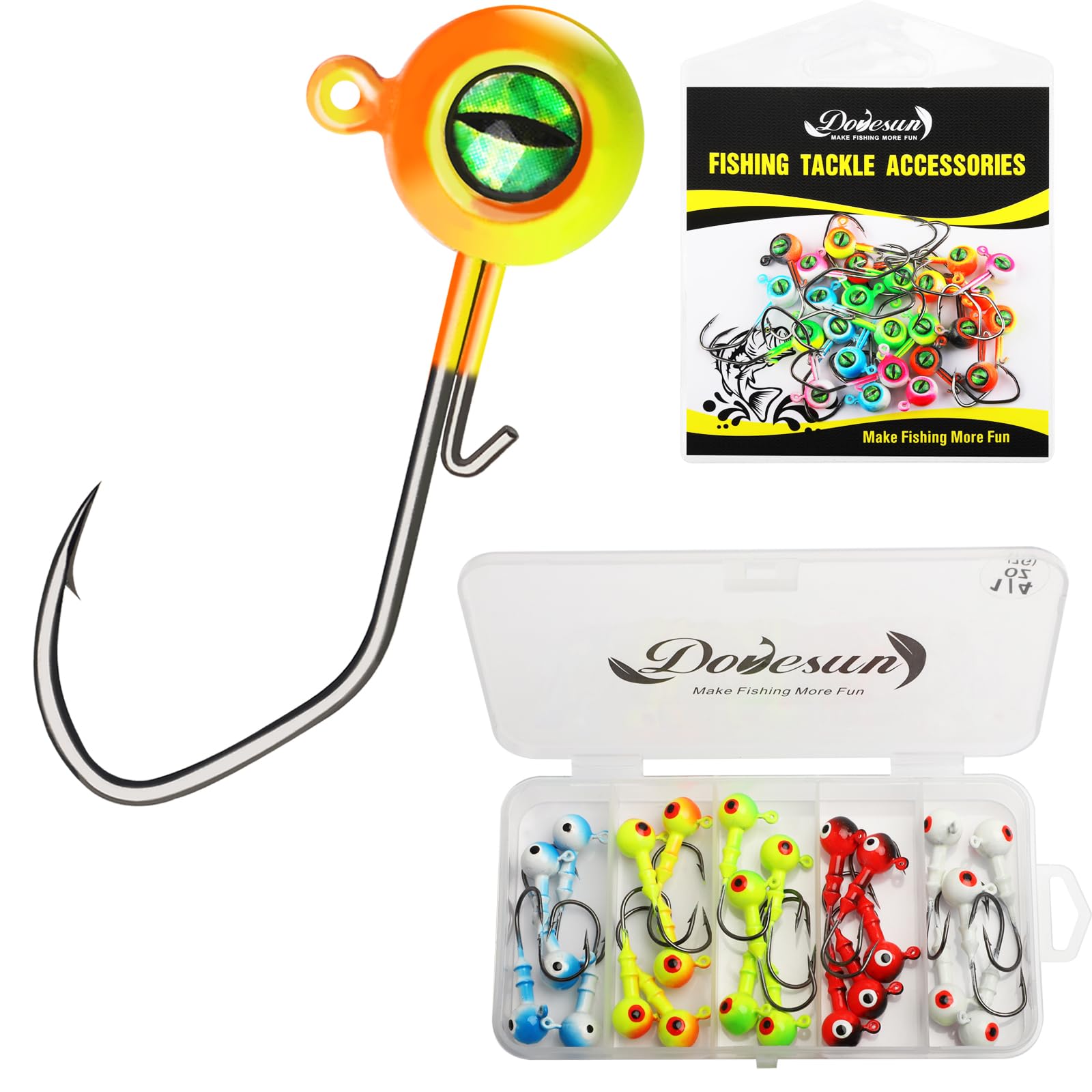 Dovesun Jig Heads for Fishing, Painted Jigheads with 3D Eye Ball Glowing Walleye | Bass | Crappie jigs 1/4oz 1/16oz 25pcs