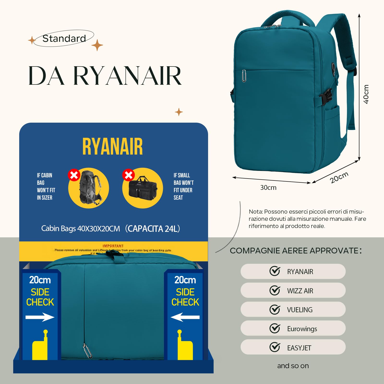 Mochila Viaje Cabina Avion 40x30x20,Mochila Ryanair 40x30x20 | Mochila Cabina con Compartimento para Portátil 14 Pulgadas y Bolsillo Húmedo Independiente,Azul pavo real