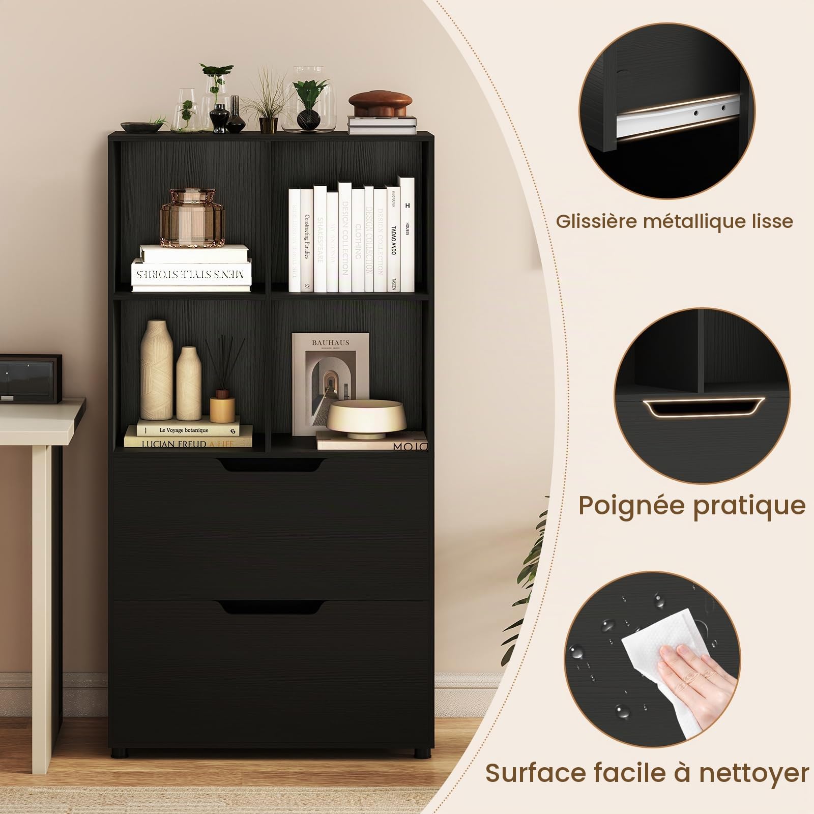 KOMFOTTEU Bibliothèque Bois 4 Cubes avec 2 Tiroirs, 70x33,5x130 cm, Noir