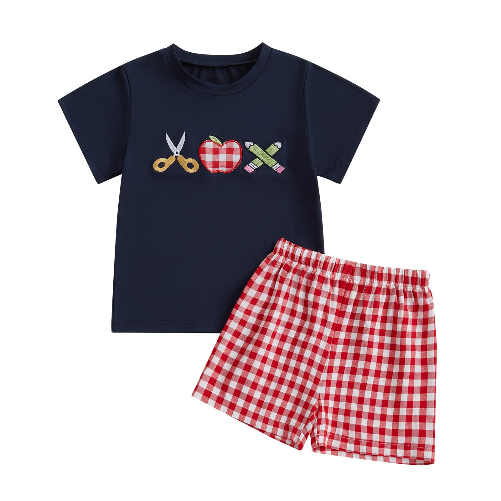 Doqcey Toddler Baby Boy Back to School Outfit Embroidery Short Sleeve T-Shirt Plaid Shorts Set First Day of School Clothes