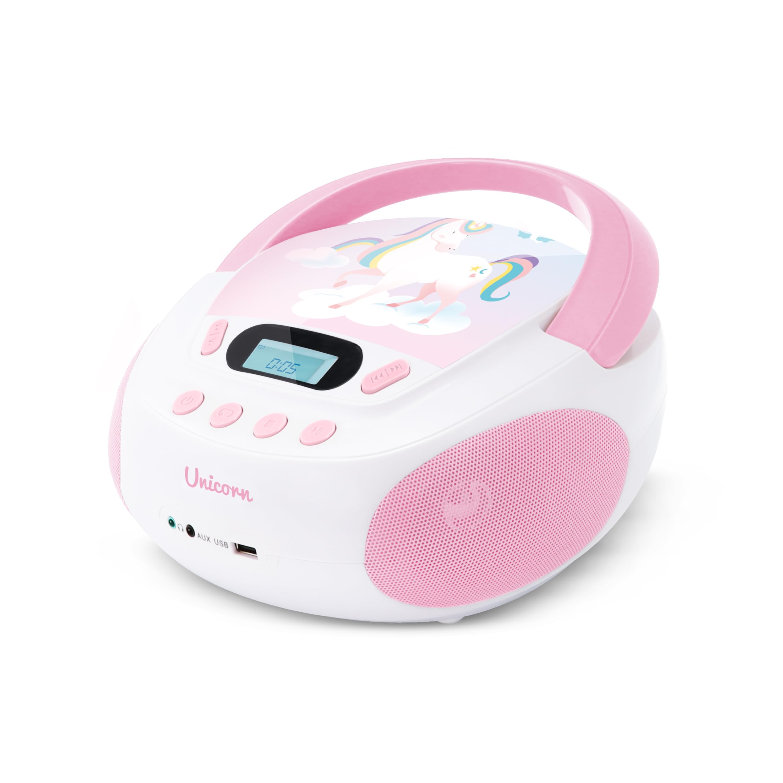 Mooov 477407 - Reproductor de CD portátil, Lector CD Audio CD-R/CD-RW, Puerto USB para MP3, Sonido estéreo de 6W, asa ergonómica, Unicornio