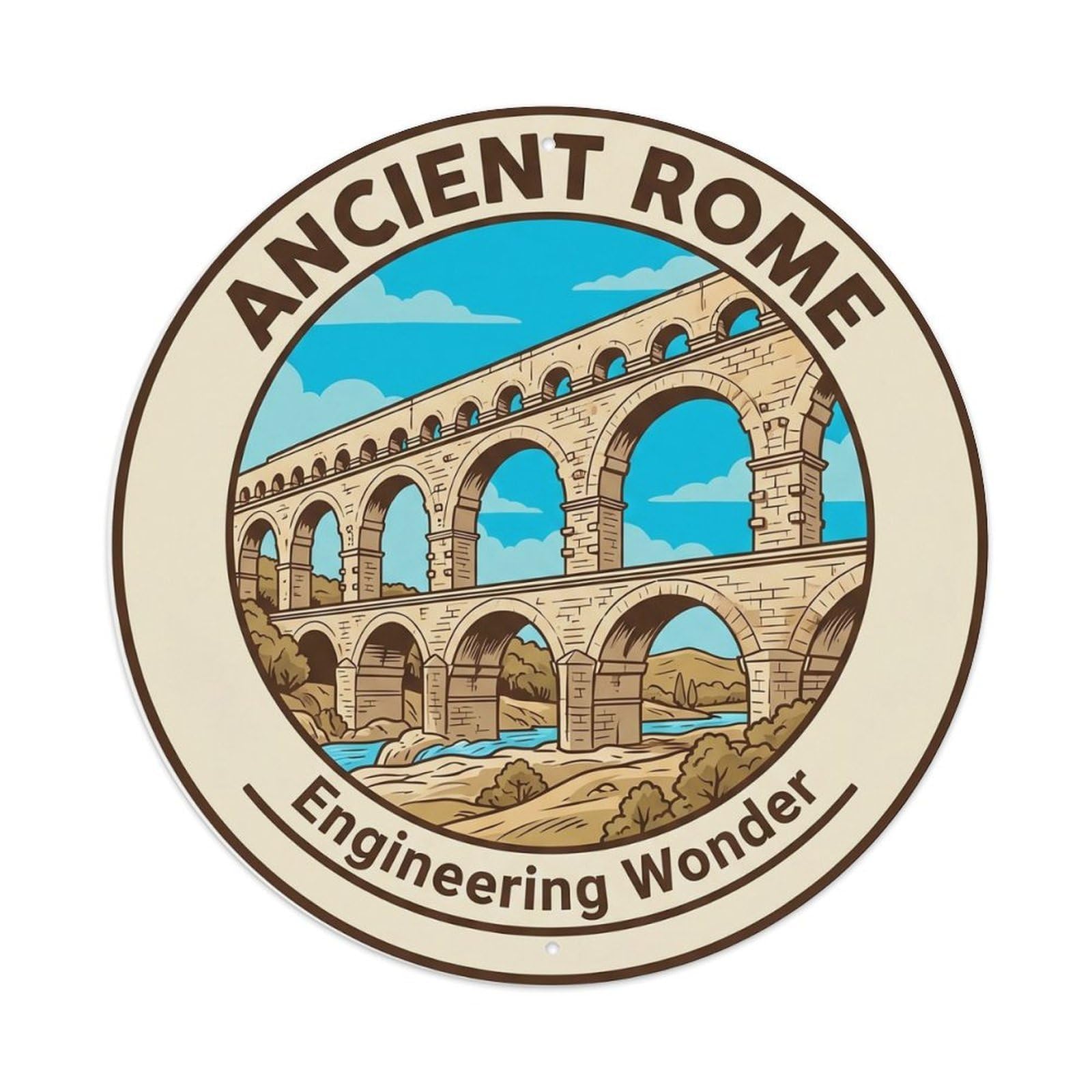 Roman Landmark Destination Scenery Aqueduct City Europe Metal Tin Sign Plaque Wall Decor for Cafe, Man Cave, Club Bar, Office, Home Garden Round Metal Poster 8x8Inch