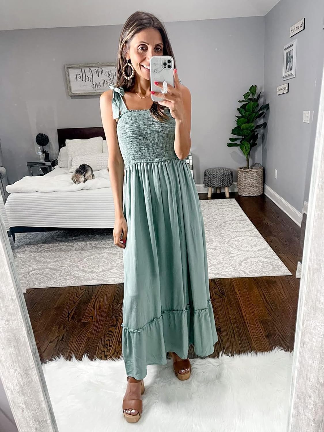 Tobrief Women's Boho Dress Summer Spaghetti Strap Square Neck Flowy Ruffle Beach Long Maxi Dress - Image 2