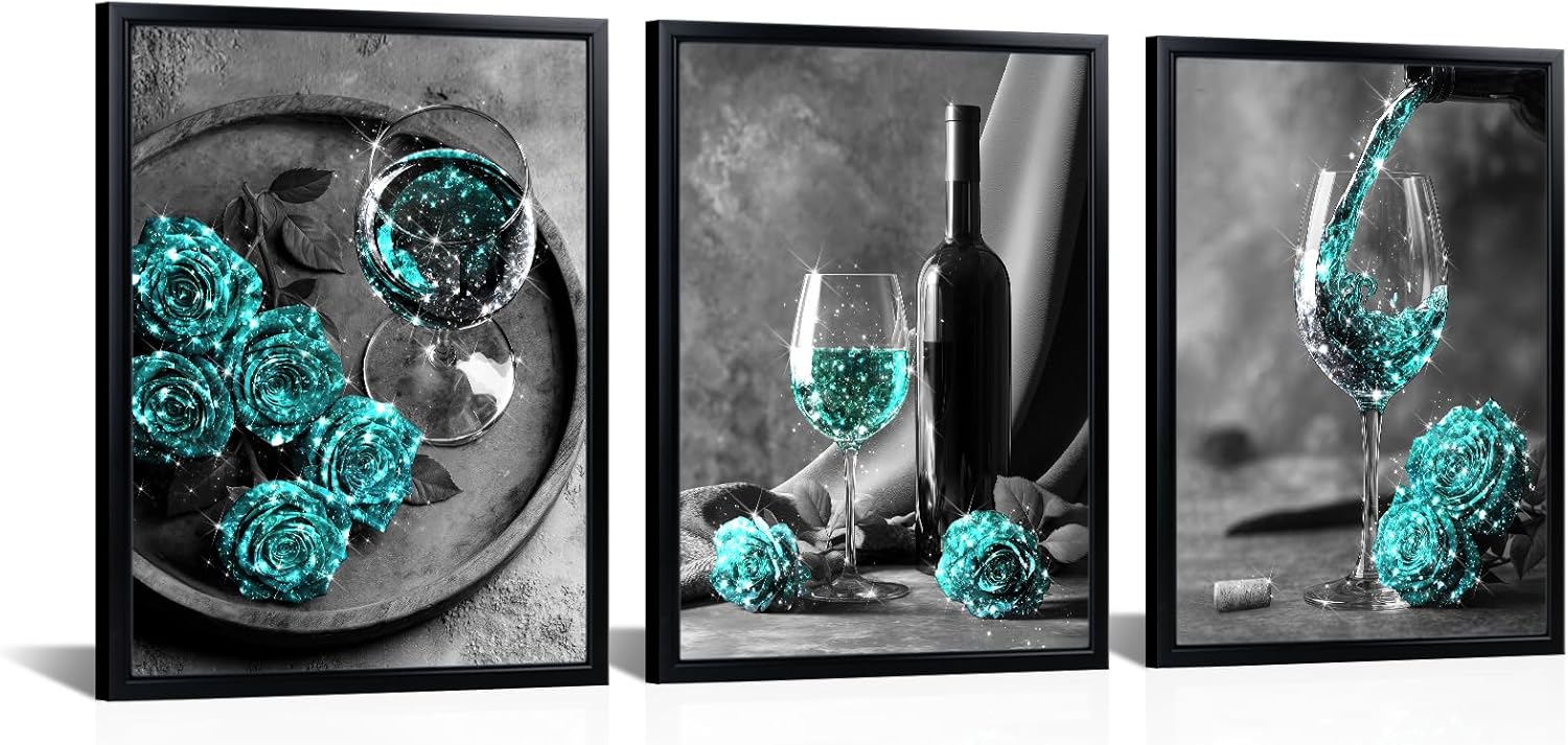 Visual Art Decor Farmhouse Kitchen Wall Decor Wine Cups Rose Flower Painting Prints, Modern Dining Room Decor Pictures, Framed Canvas Prints,12x16inchx3Pieces (Teal)