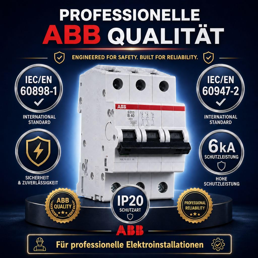ABB S203-B40 Leitungsschutzschalter 3-polig 40A B-Charakteristik, LS-Schalter 6kA Sicherungsautomat für Drehstrom, Automaten Sicherung für Hutschiene, System pro M compact, 2CDS253001R0405