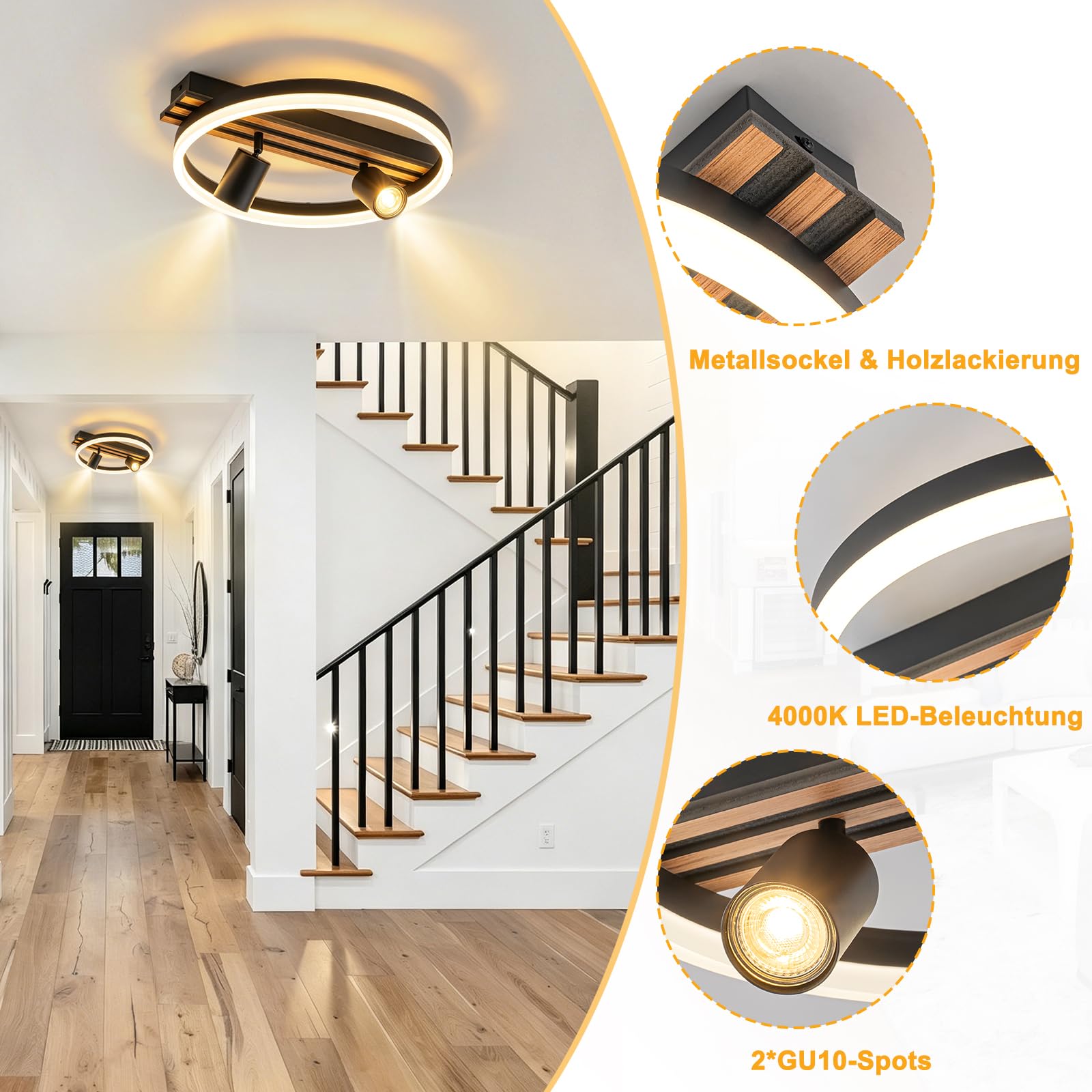 LED Deckenleuchte für Schlafzimmer, 48x40cm schwebender Ring | mit 2x GU10 Strahlern (ohne Leuchtmittel), Holzmaserung, 16W 4000K Neutralweiß, Energieklasse B, Ideal für Flur