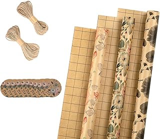 RUSPEPA Wrapping Paper Rolls with Tags and Jute String - 17 inches x 10 feet per Roll, Total of 3 Rolls, Flowers