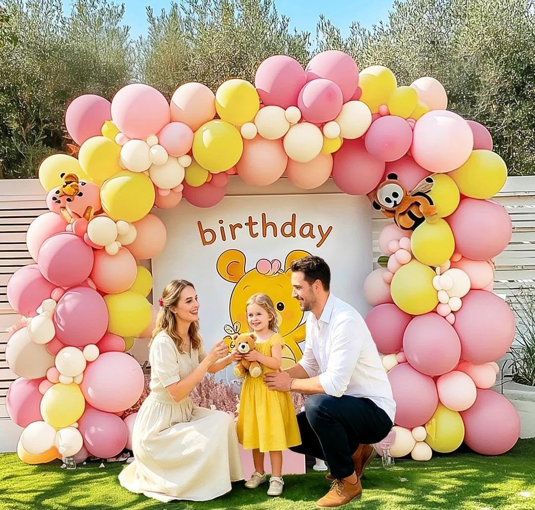 Pastel Pink Yellow Balloon Arch, Double Stuffed Light Yellow Pink Ivory Balloon Garland Kit Latex Peach White Beige Balloons for Birthday Baby Shower Easter Wedding Bridal Shower Bee Bear Party Decor