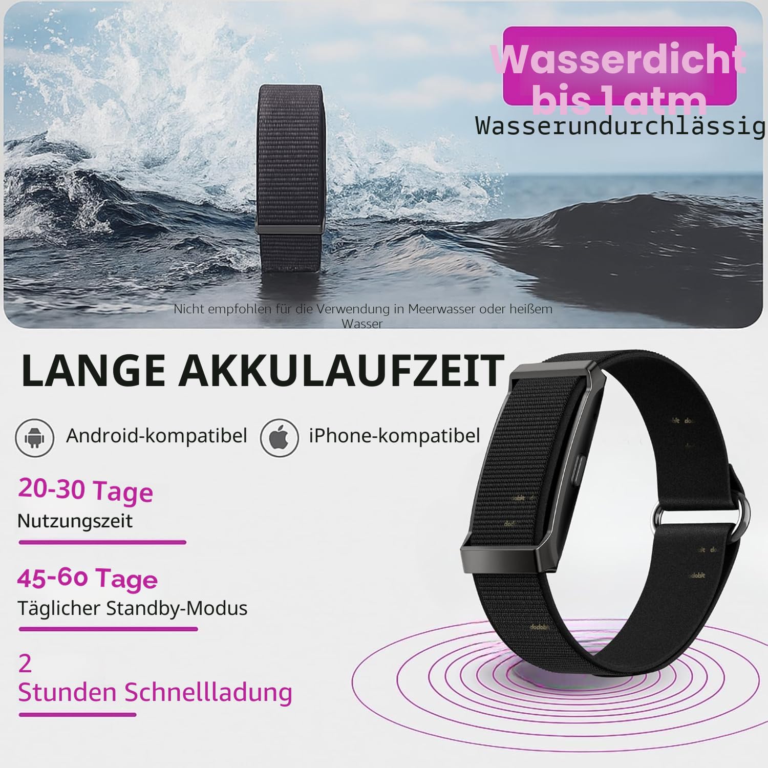 Fitness Armband ohne Display, Smart Band Damen Herren mit GPS, Pulsmesser, SpO2, Akku +1 Monat Laufzeit, Schrittzahler, Schlafmonitor, Benachrichtigungen, IP68 Wasserdicht, Aktivitatstracker i