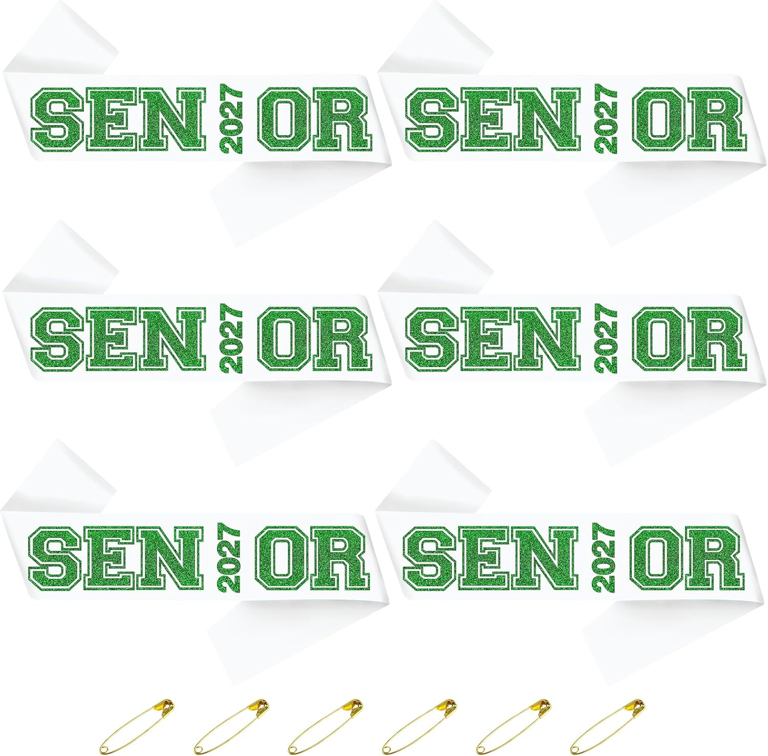 6pcs White Senior 2027 Sashes with Green Glitter Printing Letters