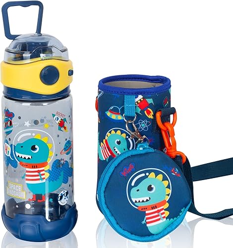 Botella de agua para niños con cordónfunda para niños y escuelas, 20 onzas, sin BPA, apertura de un clic, tapa abatible con cierre a prueba de fugas disponible en Yaxa Peru