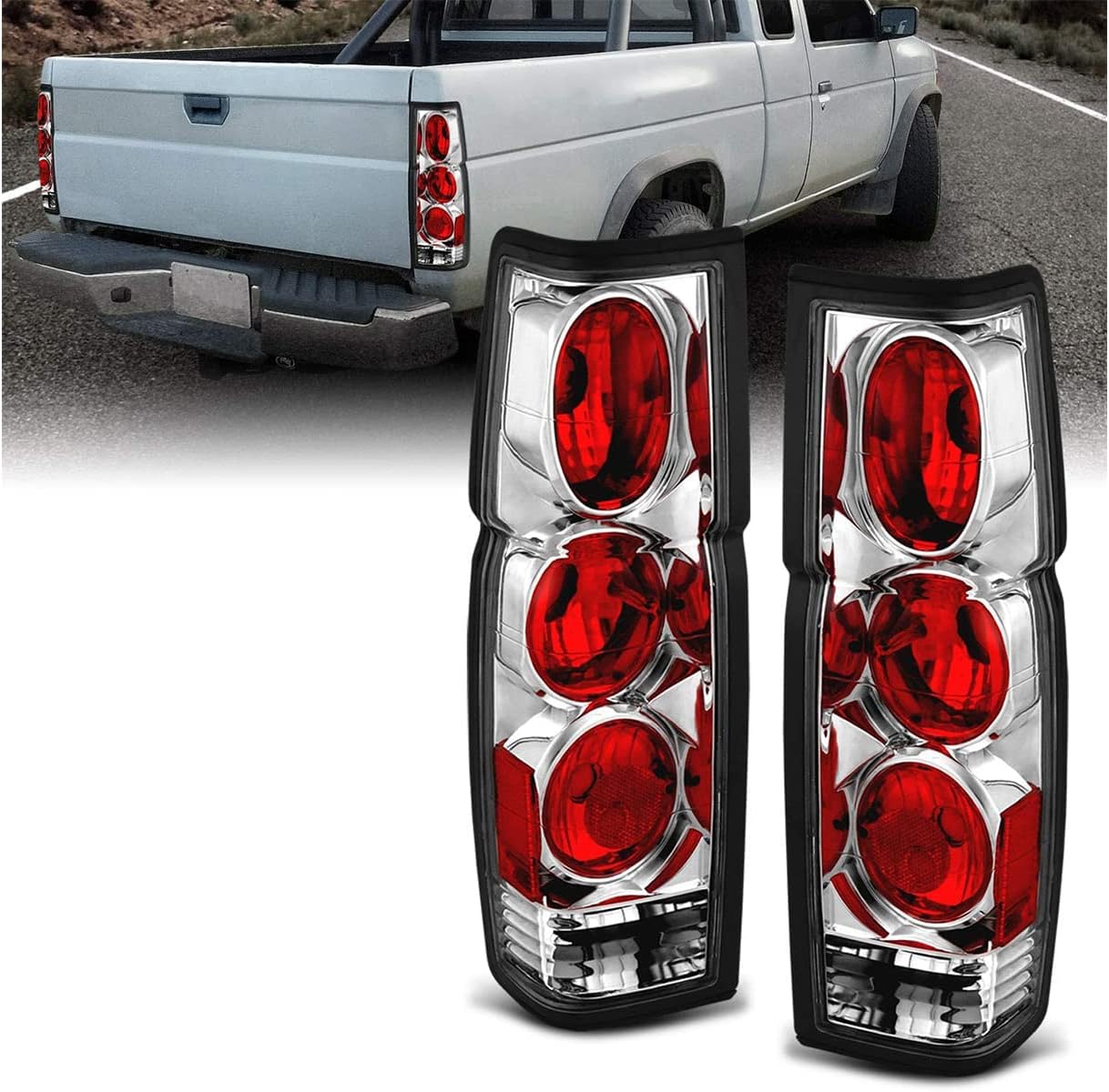 Chrome Euro Tail Lights Assembly Set For Nissan Hardbody - (Pair) Driver Left and Passenger Right Side Replacement