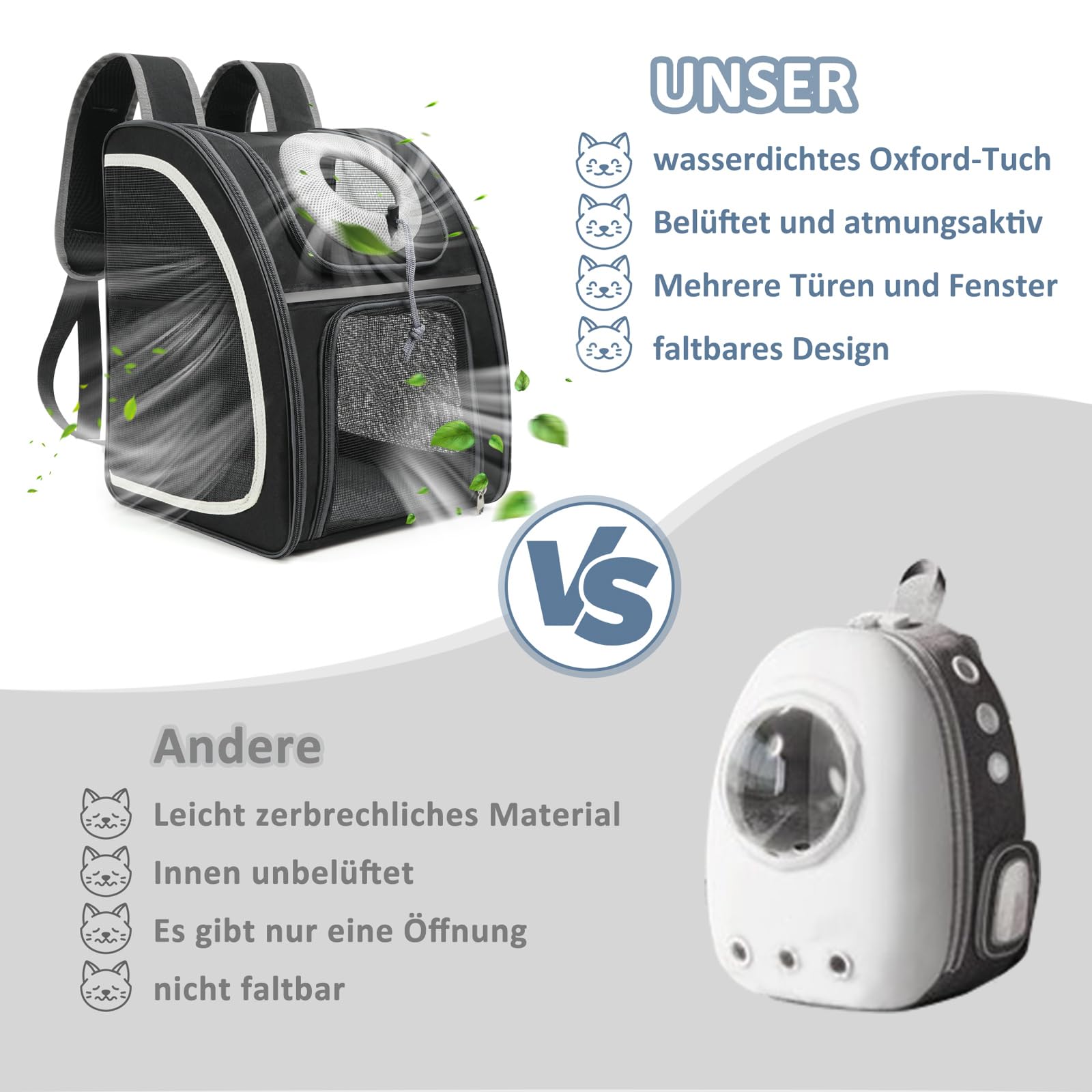 Katzenrucksack mit Netzfenster, tragbarer und Faltbarer Katzentransporter, atmungsaktiv und leicht, mit viel Platz,Muss für Reisen mit Haustieren.