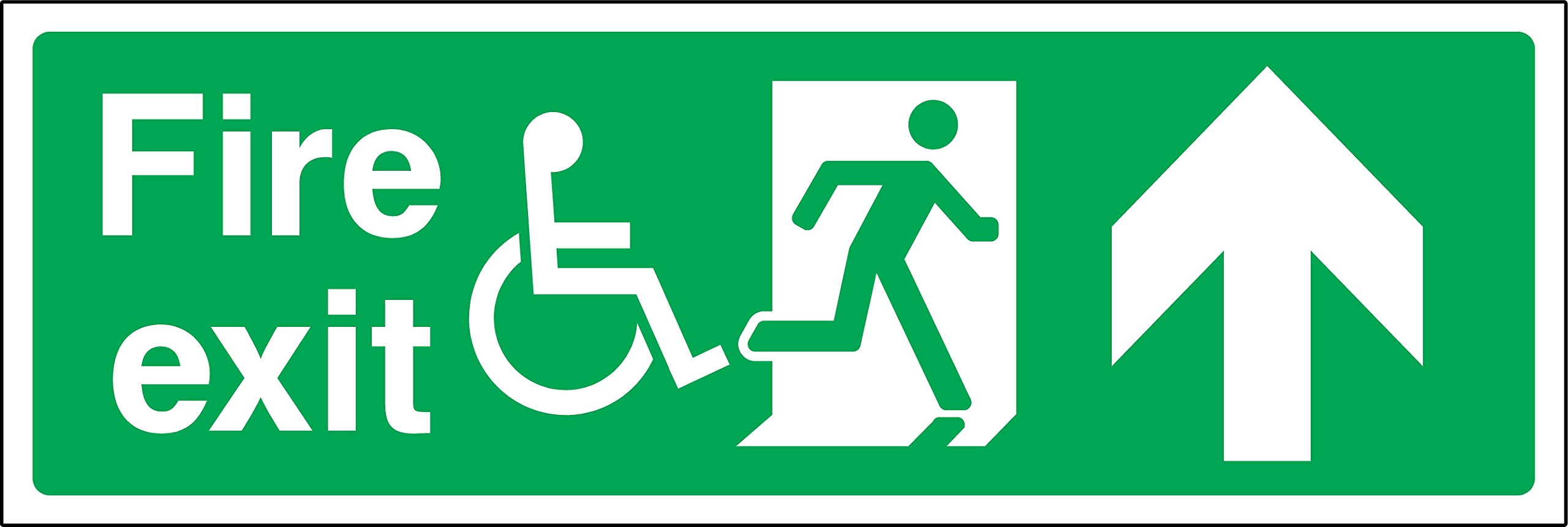 Emergency sign Fire exit directional up arrow with disabled symbol Safety sign - Self adhesive sticker 300mm x 100mm