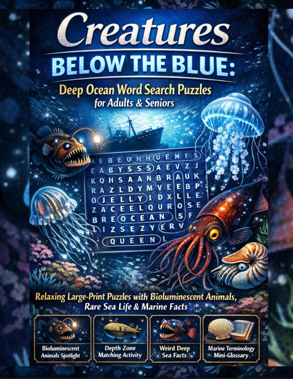 Creatures Below the Blue: Deep Ocean Word Search Puzzles for Adults & Seniors: Relaxing Large-Print Puzzles with Bioluminescent Animals, Rare Sea Life & Marine Facts