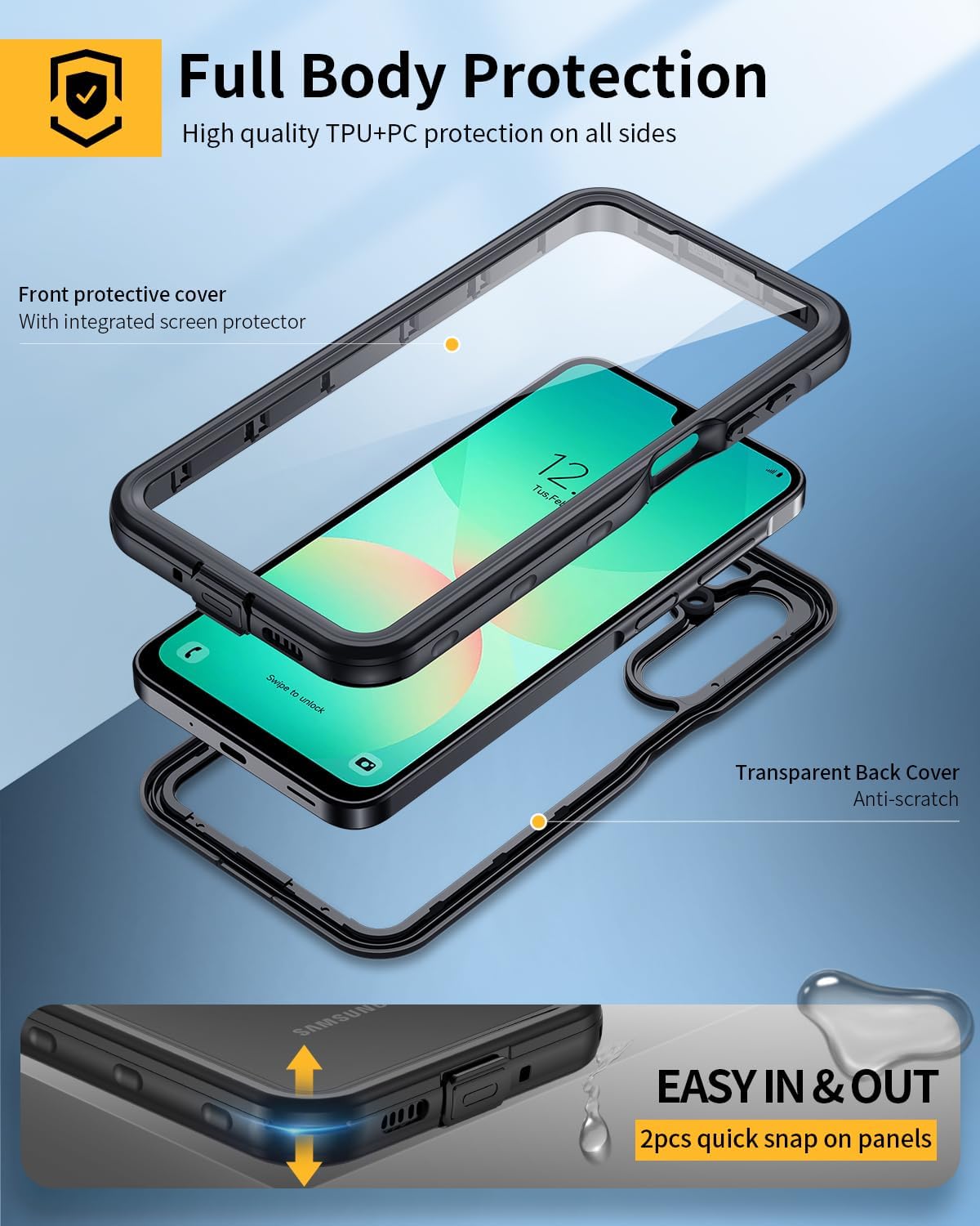 Lanhiem for Samsung Galaxy A26 Phone Case, IP68 Waterproof Dustproof, Built-in Screen Protector, Rugged Full Body Shockproof Protective Cover for Samsung A26 6.7", Black