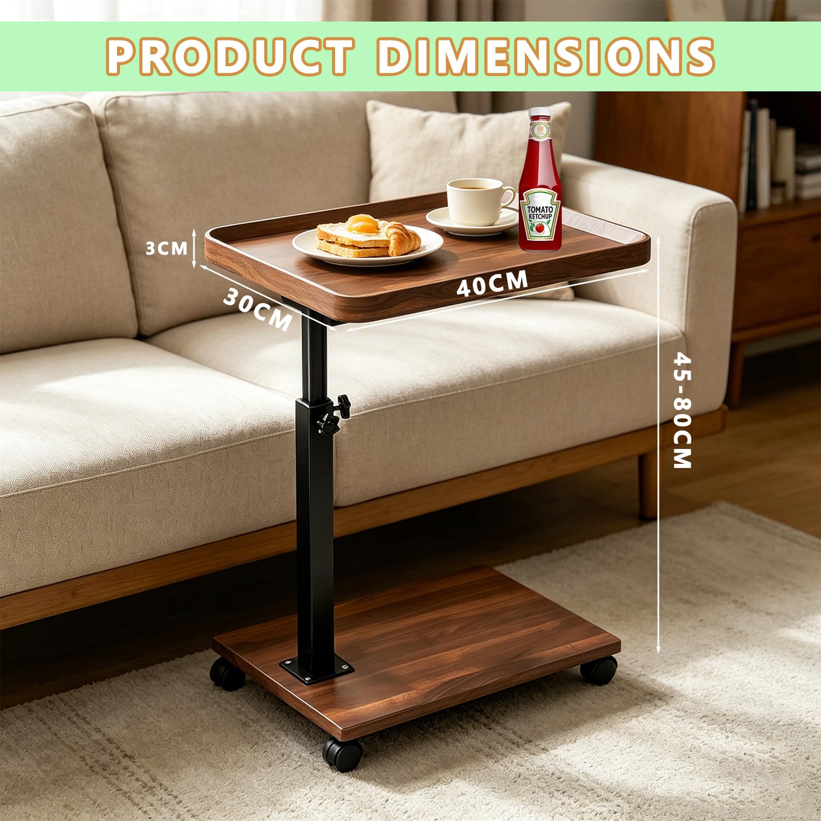 Mesa lateral ajustable con ruedas, altura 45-80 cm, tablero DM efecto madera de nogal, giratoria 360°, estructura de metal resistente, para sofá, cama, sillón, lectura, trabajo, bebidas