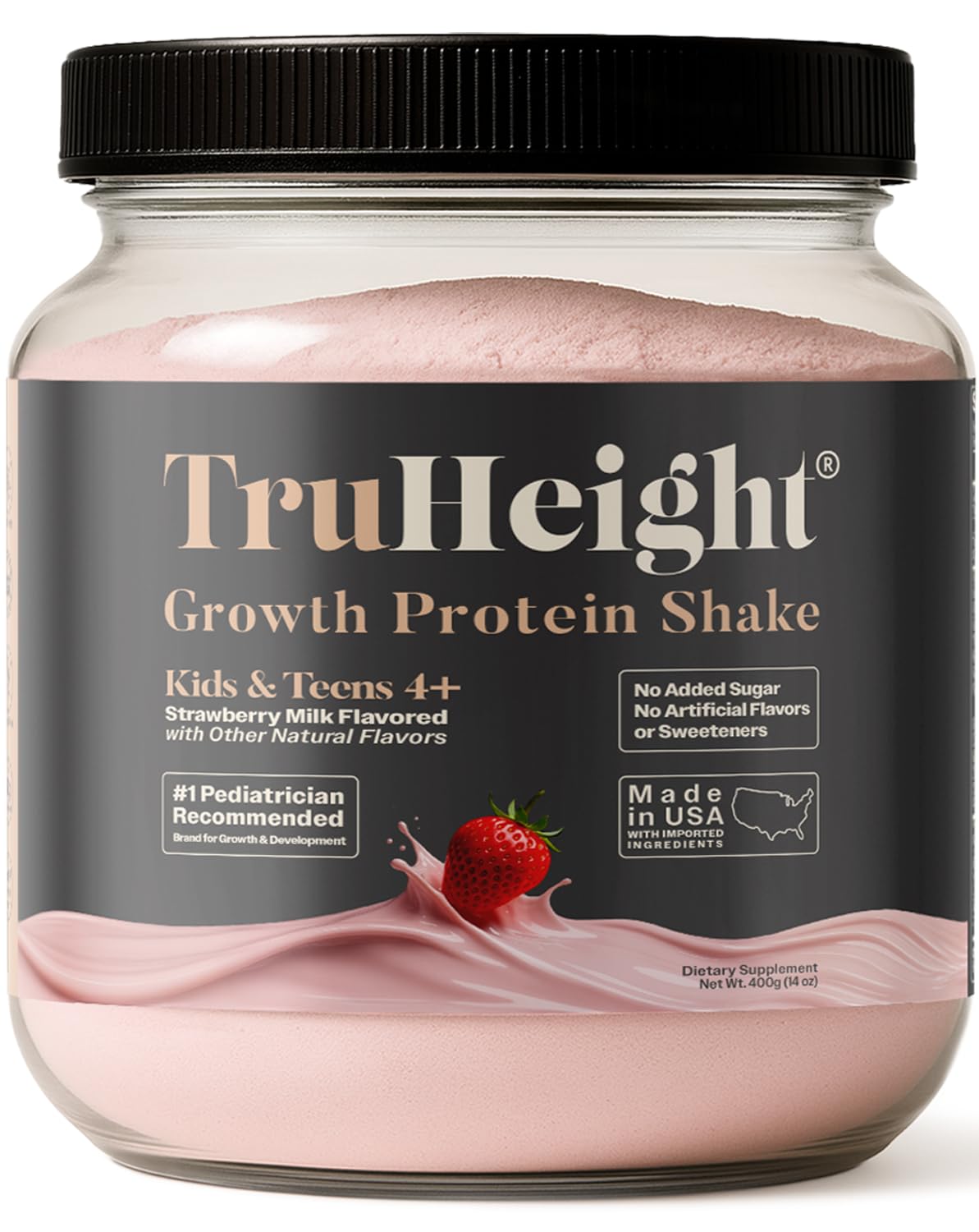 TruHeight Growth Protein Shake (Strawberry Milk Flavor, Whey) Growth &amp; Development Protein Powder for Kids &amp; Teens - Pediatric Weight Gain Drinks - Picky Eater Vitamin, Ages 4+