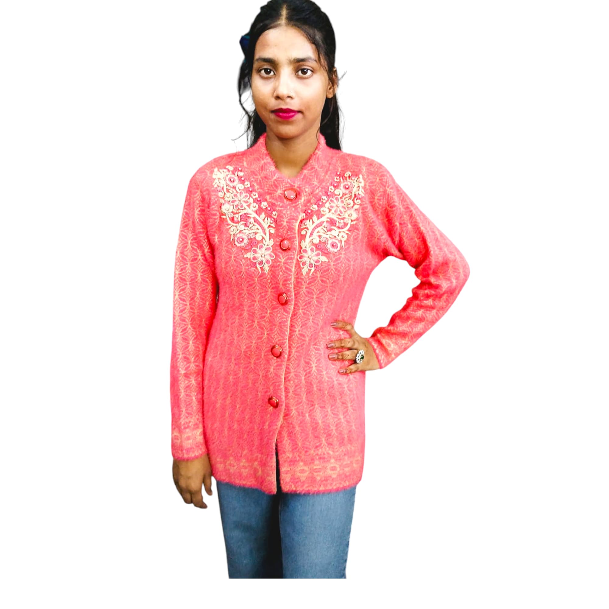 Women's Coral Pink Cardigan Sweater with Embroidered Design, Long Sleeve Button Front-picture-39