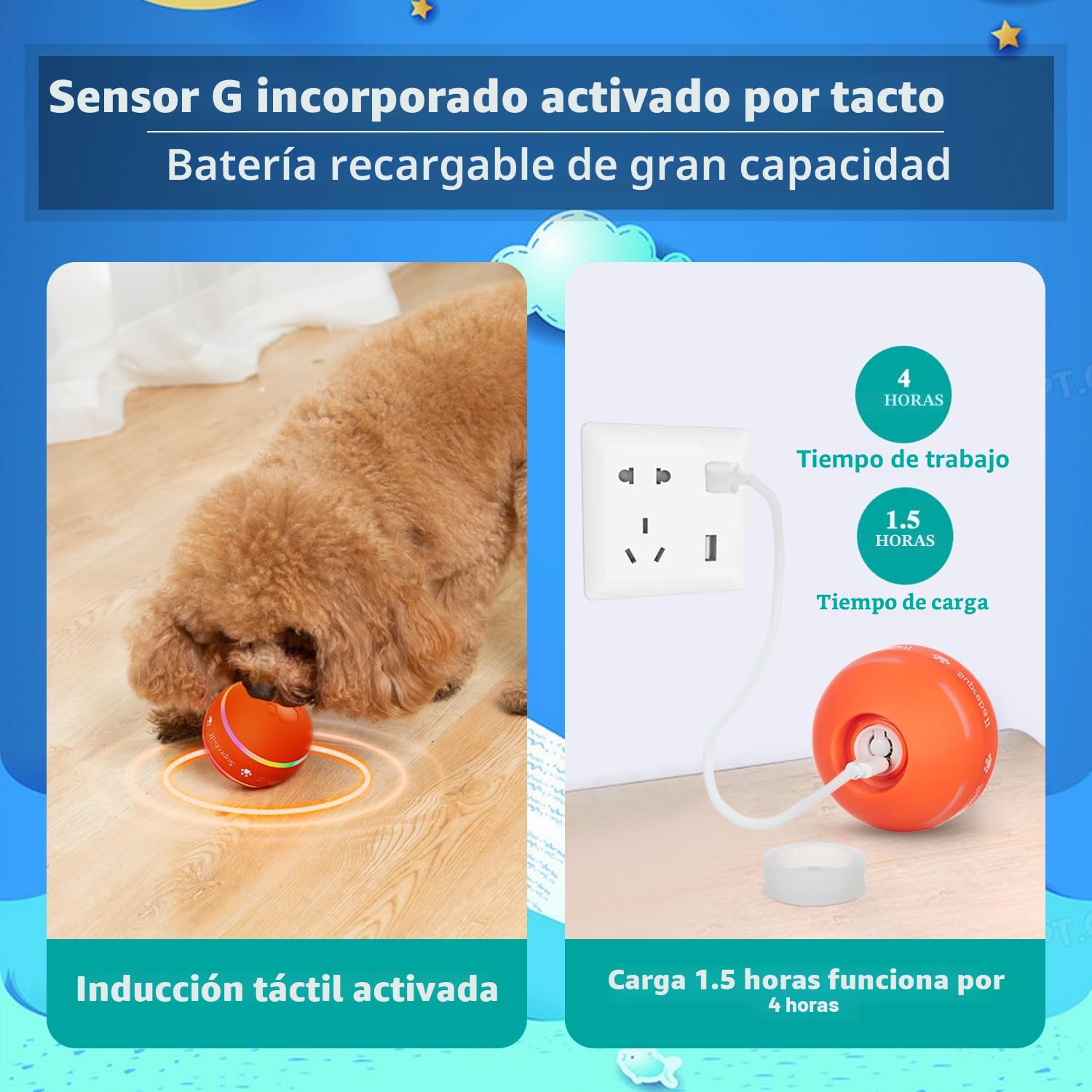 Petiepaw Juguete de pelota interactivo para perros, pelota rodante automática duradera para cachorros/perros pequeños/medianos, recargable por USB (naranja)