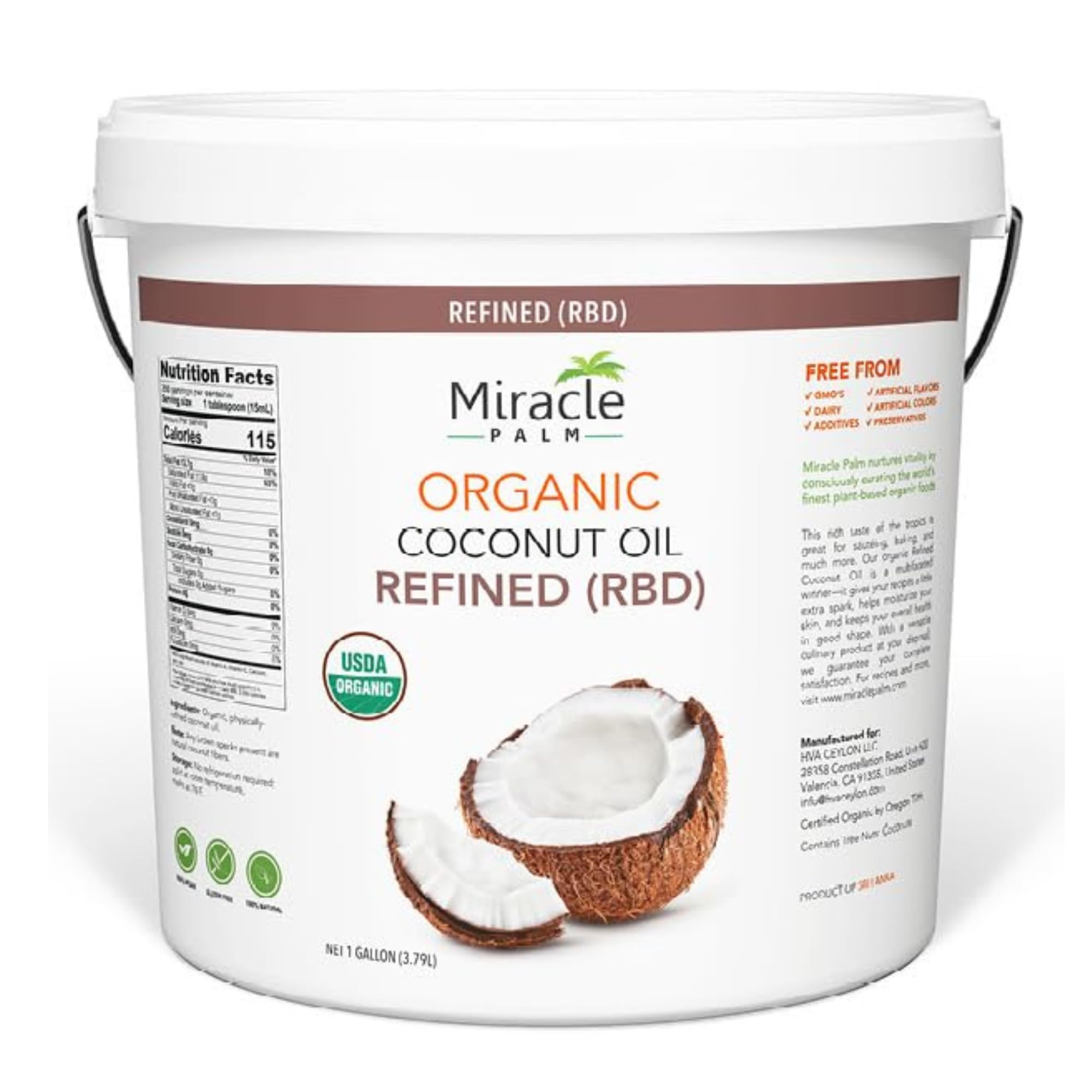 Organic Refined Coconut Oil (RBD) | Gallon Pail | by Miracle Palm