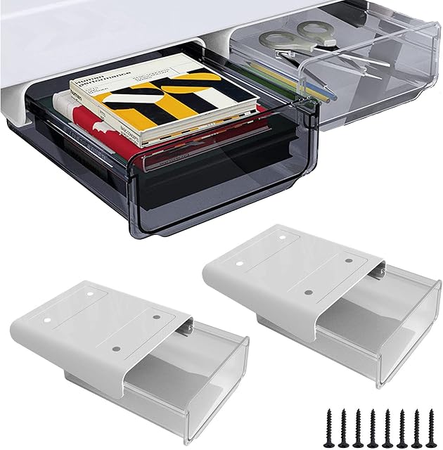 Jccsieey Under Desk Drawer Organizer, Premium Self-Adhesive Slide-Out Hidden Under Desk Storage Box, Large Capacity Table Drawer for Home Office School (7.8" X 6.7", 2PCS, White)