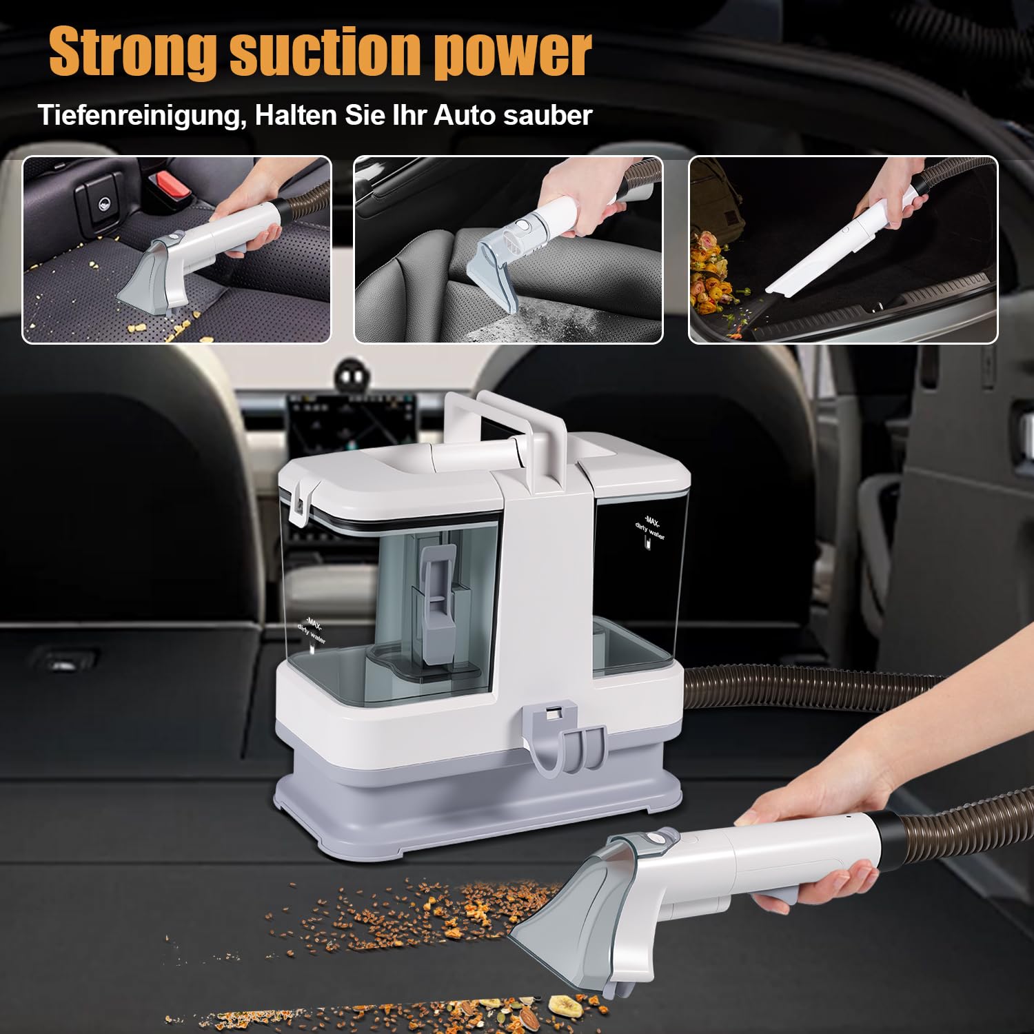 Limpiador de Tapicerias 400W,Aspirador Tapicerias con Agua con 4 Cabezales Intercambiables Depósito Extraíble, Succión 9 kPa. Para Sofás, Alfombras, Asientos de Coche y Pelo de Mascotas