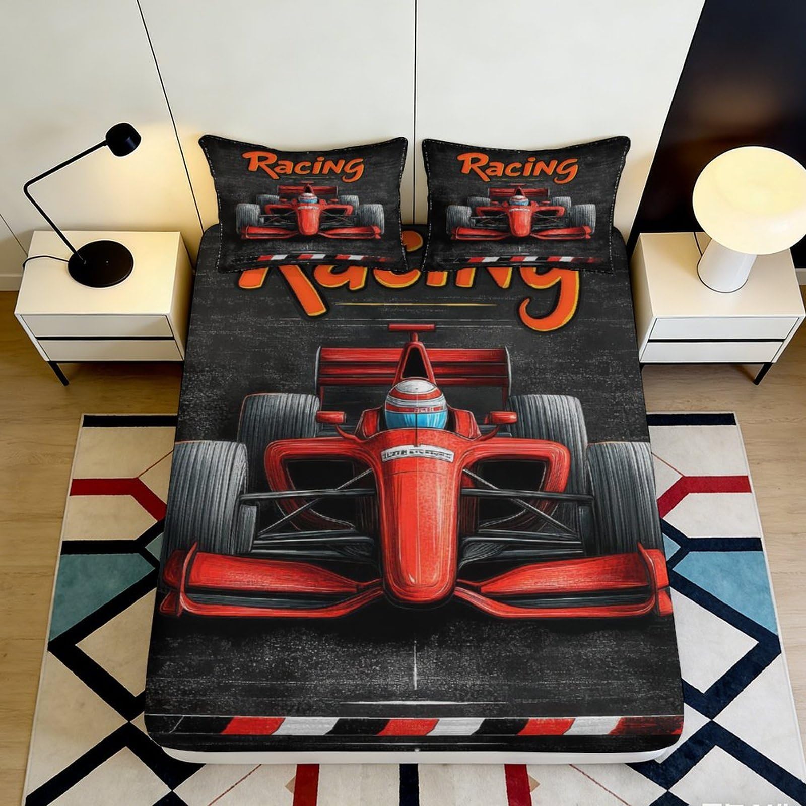 3D Printed Racing Fitted Sheet Microfiber Deep Pocket Bedroom Bedding Racing Mattress Fitted Cover Non-Slip Elastic Hem Washable for Adults Teens 200x200x25cm