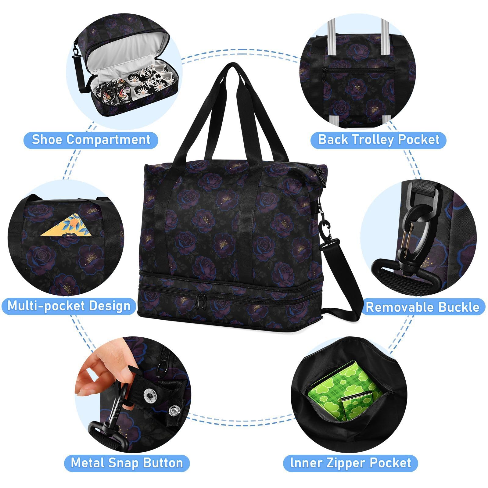 Borsone pieghevole con fiore viola scuro nero borsa da viaggio Weekender Gear Bag con borsa da toilette per escursionismo