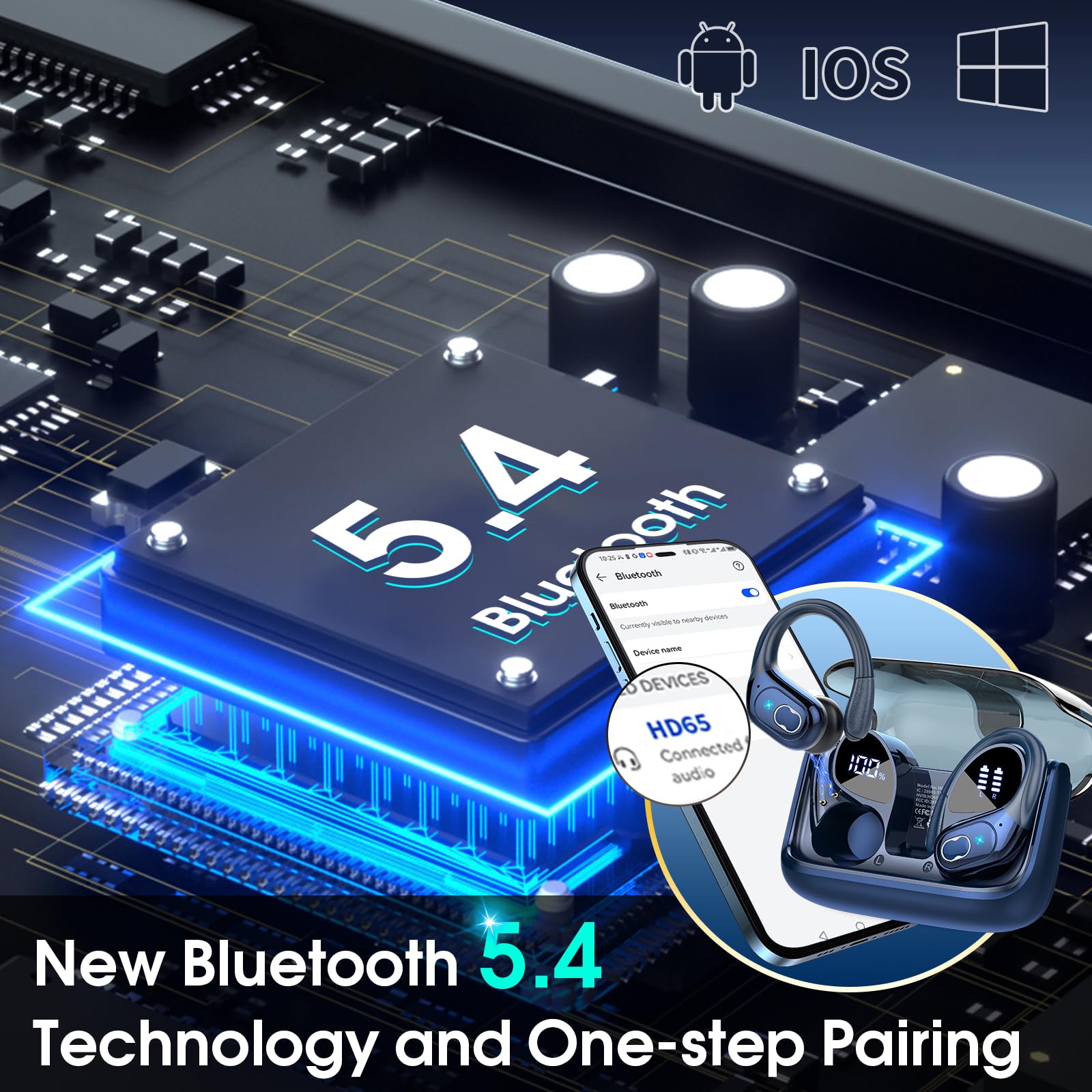 Aptkdoe Cuffie Bluetooth 5.4 Sport 75H Antirumore ENC e 4 Mics con App, Blu | Cuffie In Ear con Ricarica Rapida USB-C, Display LED Auricolari Bluetooth IP7 Impermeabili, Cuffie Senza Fili Corsa Running