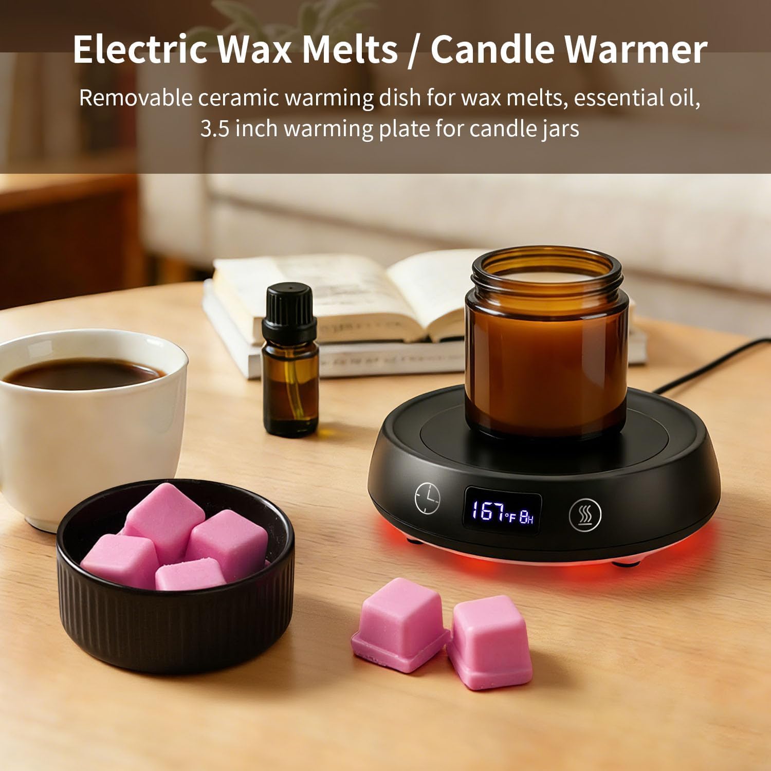4-in-1 Wax Melt Warmer, Candle Warmer with Delay Start Timer, Fragrance Scented Wax Melter Wax Cube Warmer with 3 Color Light for Home Bedroom Spa Office, 8H Auto Shut Off (Black)