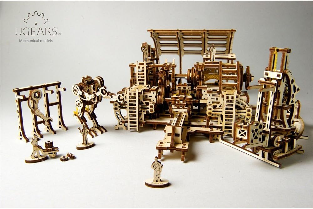 Più ampio view of the UGEARS Robot Factory with multiple robots and worker figures.