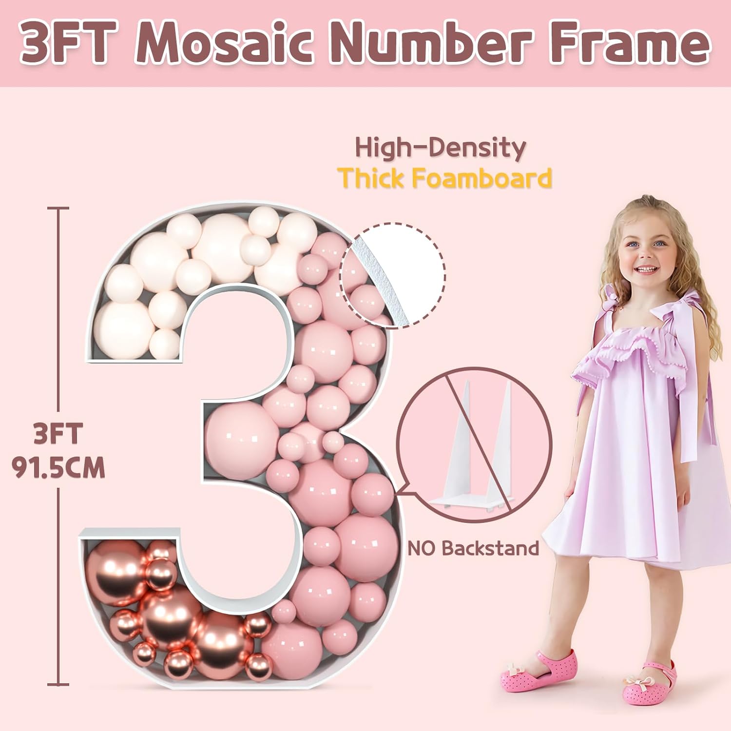 imprsv 3FT Mosaic Numbers for Balloons, Marquee Number, Mosaic Number Frame, Sign 3 Balloon for Party Decorations, 3rd 13th 30th Birthday Decorations for Her Him, Large Sign for Party