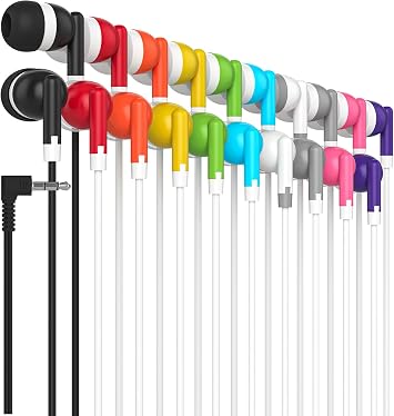 Maeline Bulk Earbuds 10 Pack Stereo Headphones Ideal for K-12-College Classrooms, Library, Travel, Gym, Museum, 3.5mm Plug, Tangle-Free Wired Earbuds for Cellphone, Tablet, Computer, Multicolor