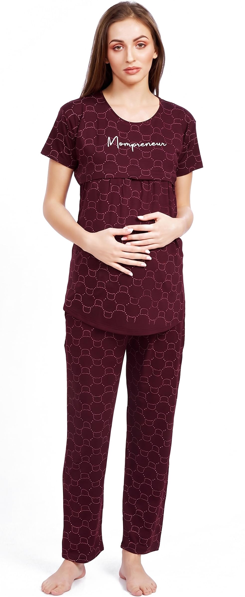 Maternity Night Suit for Women Cotton with Zip for Feeding Night Dress, Nursing Top & Pajama Set-image-2