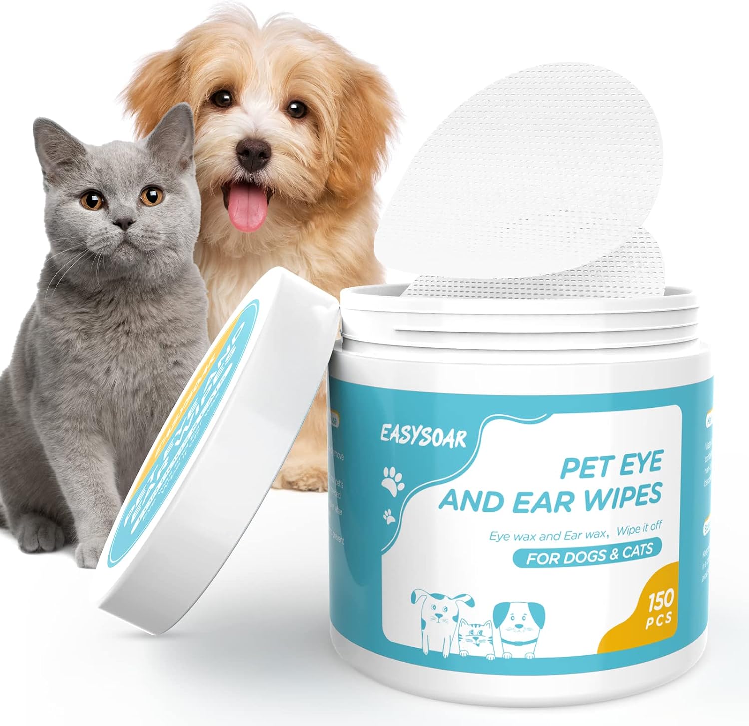 EASYSOAR Pet Eye and Ear Wipes Eye Tear Stain Remover Ear Cleaner for Dogs and Cats Gentle Pet Cleaning Wipes Pre-Moistened Textured…