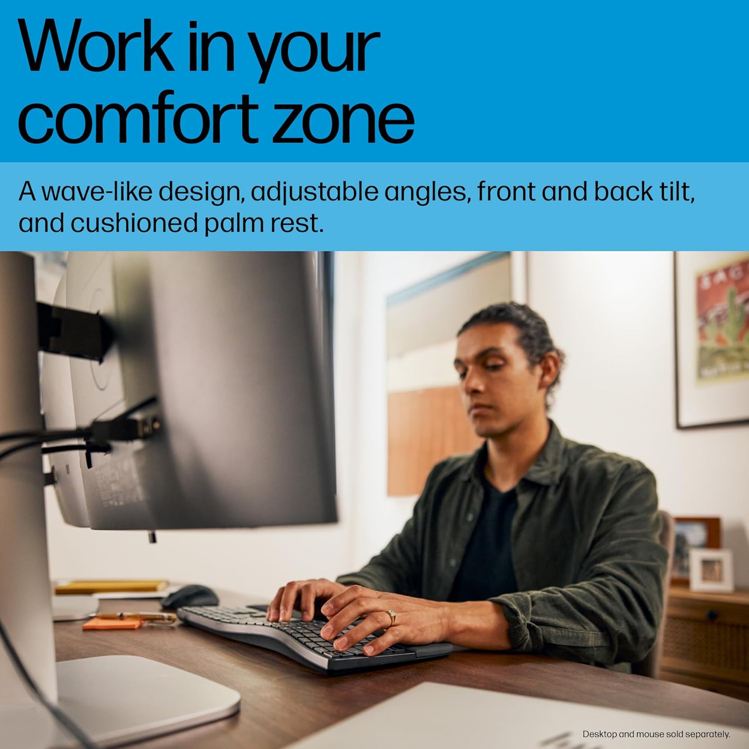 Кеңсе шартында HP 680 Comfort кош режимдүү клавиатурасында терип жаткан адам