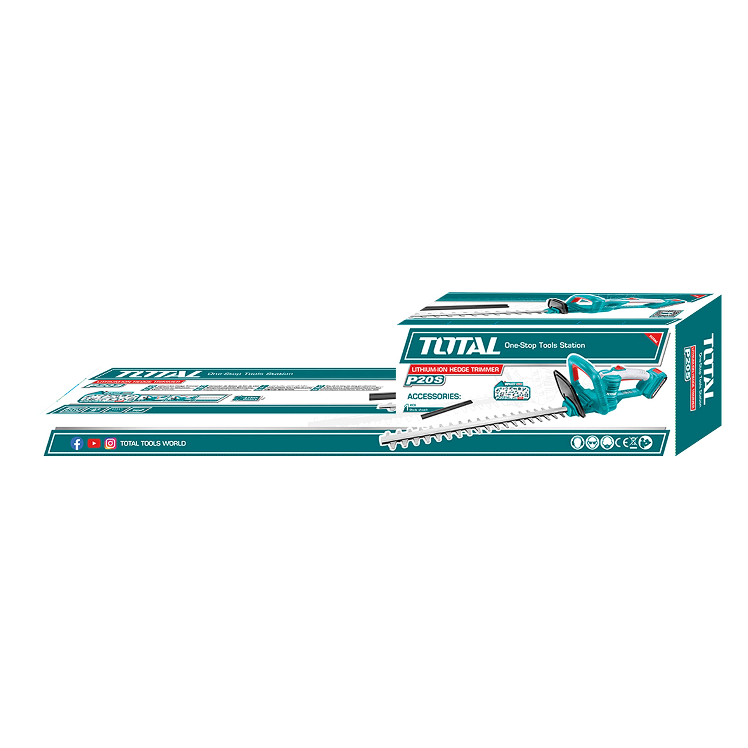 TOTAL - Cortasetos Eléctrico - A Batería P20S de 20 V - Máquina de Podar Portátil Especial para Jardín - Cuchillas de 450 mm - Máxima Capacidad de Corte de 19 mm