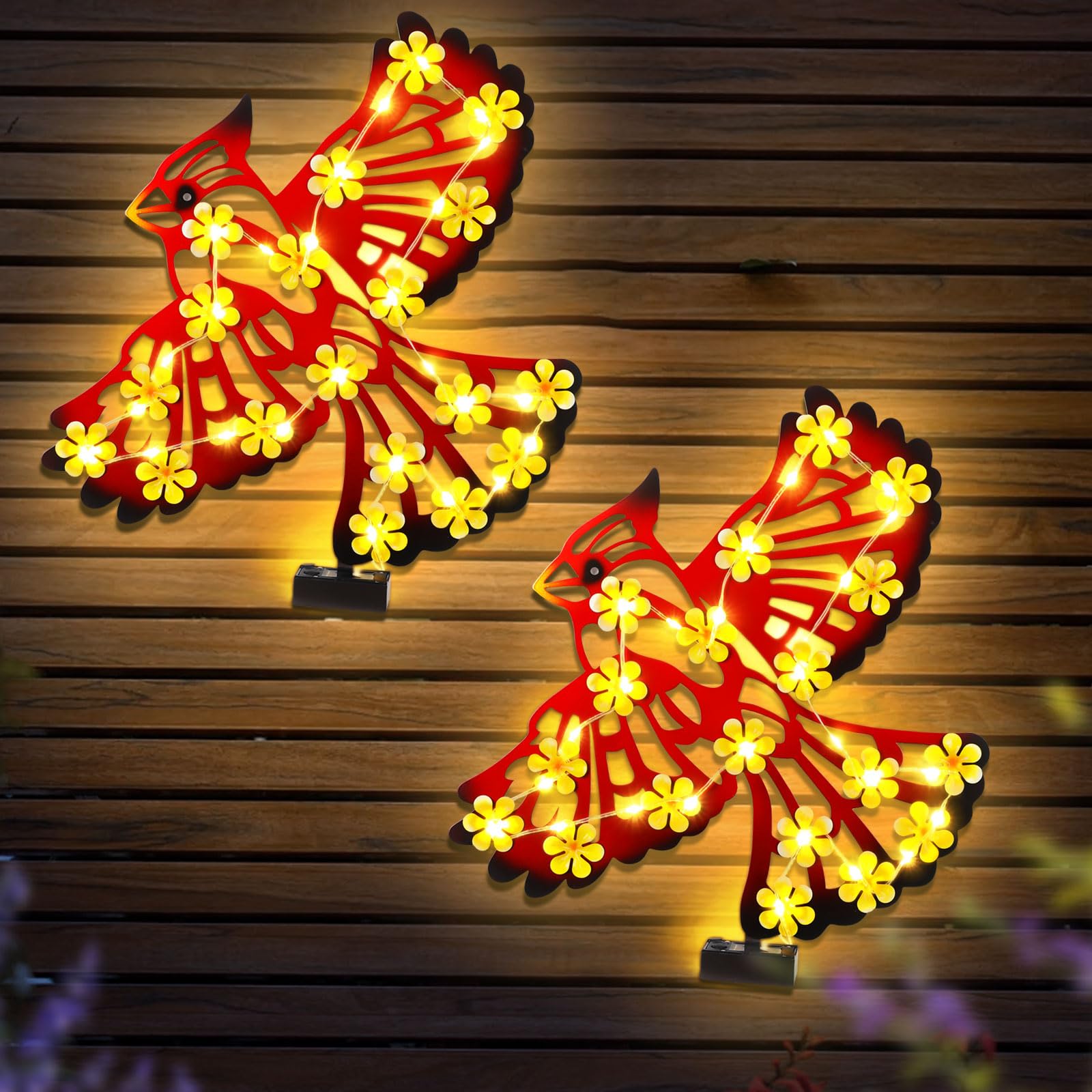 2 Pack Metal Cardinal Outdoor Wall Decor with 30 Led Solar Lights- 15.9" Outdoor Fence Wall Art Decor, Gift for Mom Grandma Women Birthday Gardening,Hanging Decoration for Garden Patio Porch Yard