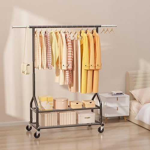 Miniatura 8 de EAGMAK Perchero de ropa resistente con carga de 556 libras, perchero de ropa rodante con estantes, colgador de ropa de metal ajustable en altura con