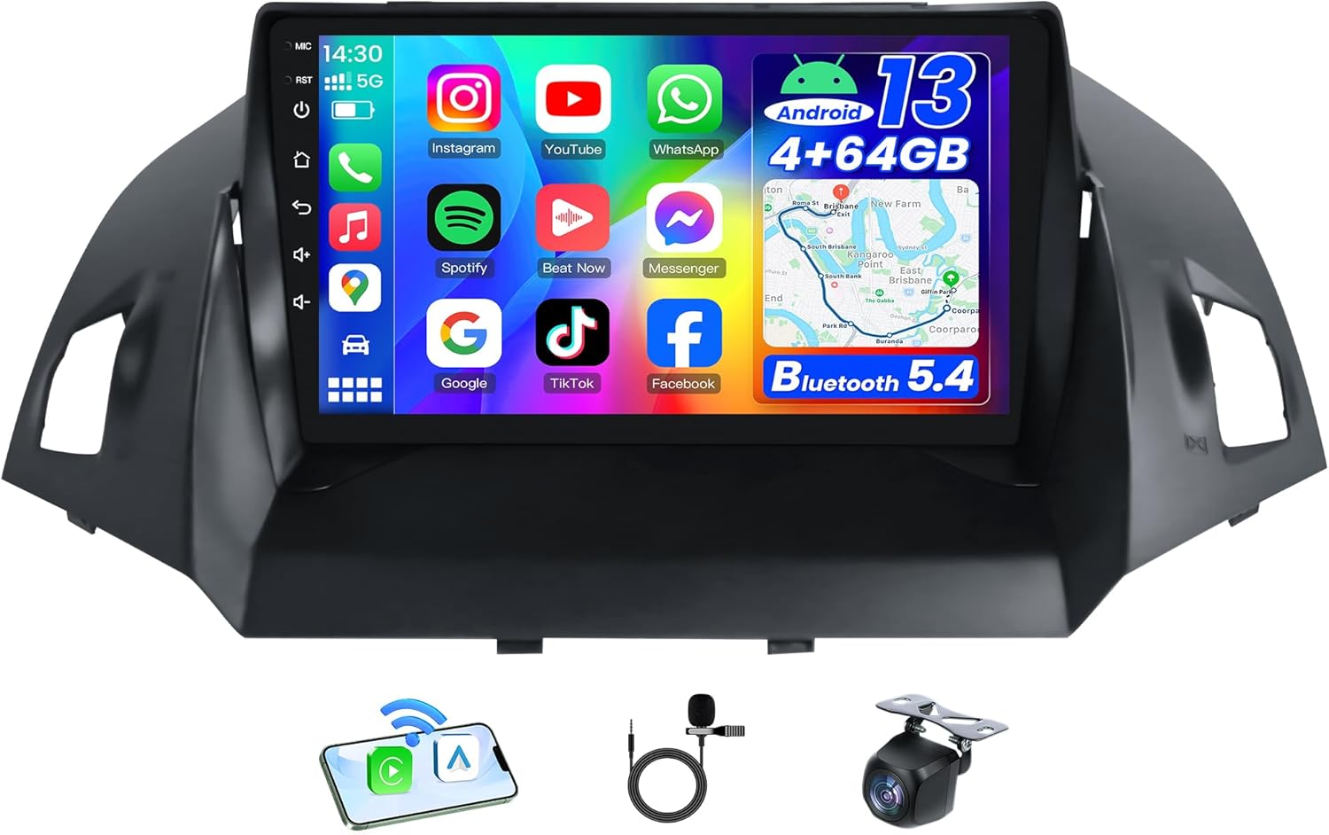 Car Radio for Ford Escape 2013-2018: 4GB RAM+ 64G ROM 5G WiFi 9" 1280 * 800 Touch Screen Stereo, Wireless Carplay Android Auto Bluetooth GPS RDS DSP HiFi FM Mirror Link SWC Backup Camera Mic